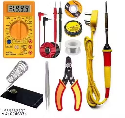 Digital Den 8 IN 1 Solder Iron Multimeter Kit, Electric 25W Soldering Iron Set with 830D Digital Multi Meter, Wire cutter, Iron Stand, Soldering Paste, Soldering Wire, Tweezer, Electrical Tape (8 In 1 Combo)